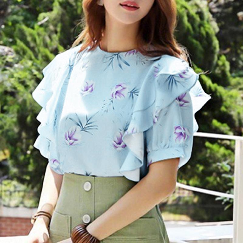 ZANZEA Women Casual Round Neck Ruffles Short Sleeve Loose Print Blouse