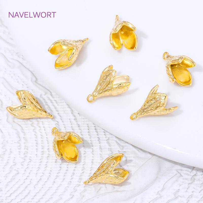 18K Gold Plated Brass Flower Bud Beads Caps with Pearl Mounting Connectors,Bail For Jewelry,DIY Necklace Making Accessories