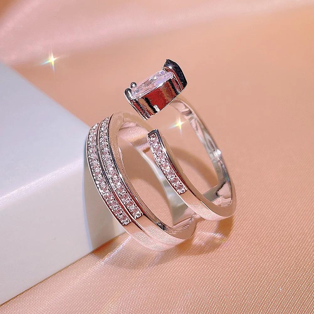 New Wide Sterling Silver Finger Rings for Women Water Drop 5A Cubic Zircon Ring Carve  Female Party  Anillos Mujer