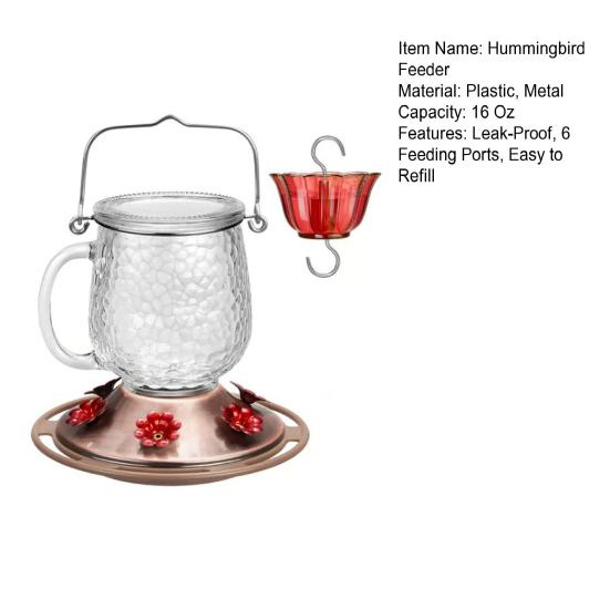 Hummingbird Feeder 16 Oz Hanging Bird Feeder with Ant Moat 6 Bee-Proof Feeding Ports 360-Degree Perch Outdoor Hummingbird Feeder for Garden Backyard