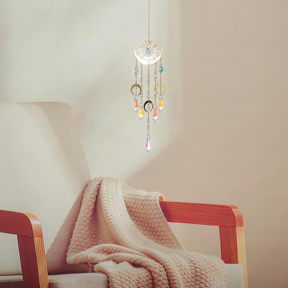 Flame Moon Brass Pendant Crystal Wind Chime Sun Catcher Ornament for Home and Garden