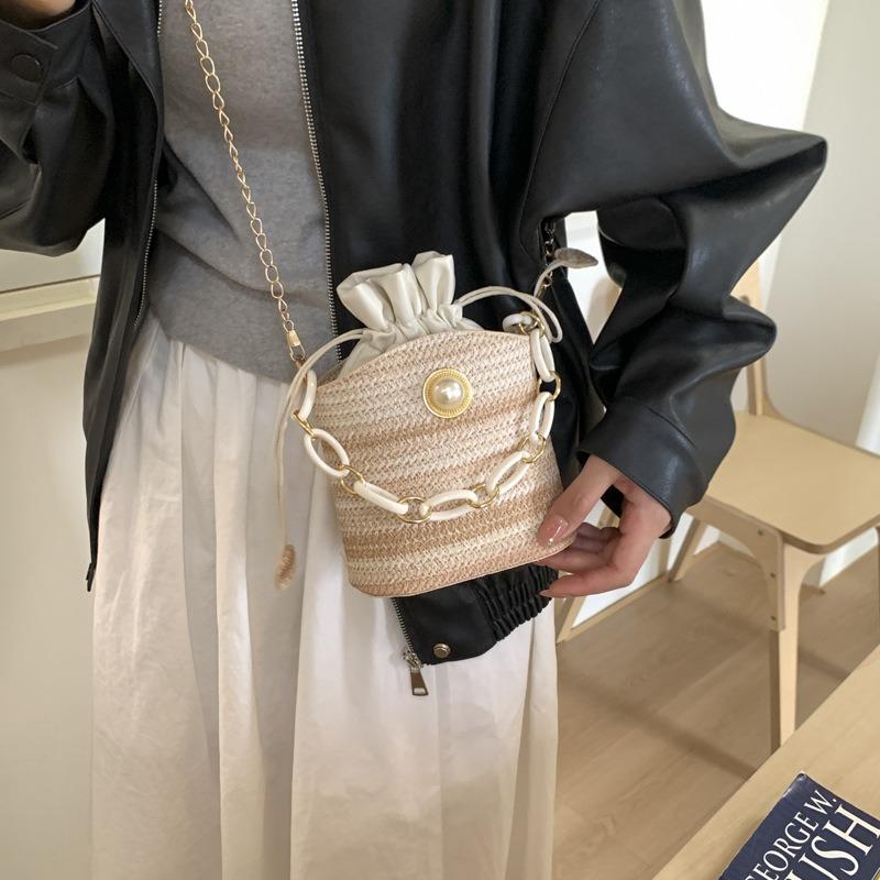 New pearl cute bucket bag diagonal span pearl straw bag cotton woven beach bag mini drawstring bag