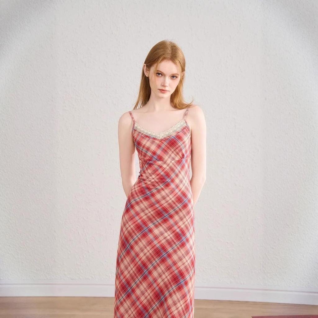 Women's Summer Plaid Mesh A-line Dress with Lace Trim and Spaghetti Straps