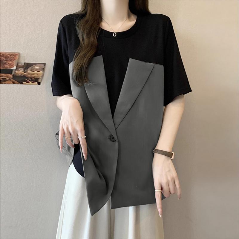 ZANZEA Women Casual Round Neck Summer Short Sleeve Patchwork Blouse
