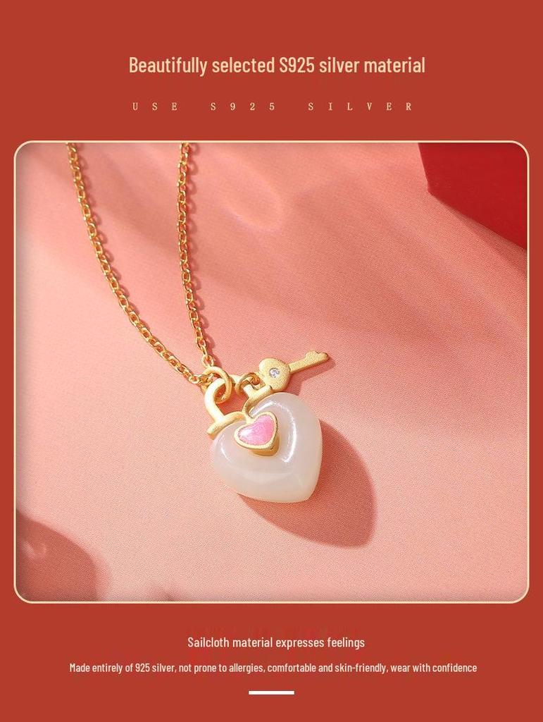 Romantic Heart Enamel Clavicle Necklace in Natural Hetian Jade & S925 Silver