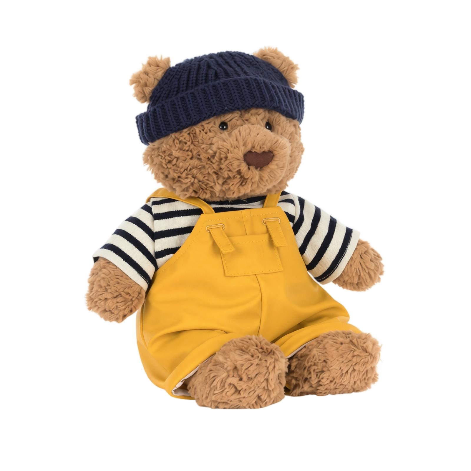 22cm Plush Stuffed Bear Toy Soft Fabric Sitting Teddy Bear with Knit Hat and Overalls for Kids and Collectors One Size