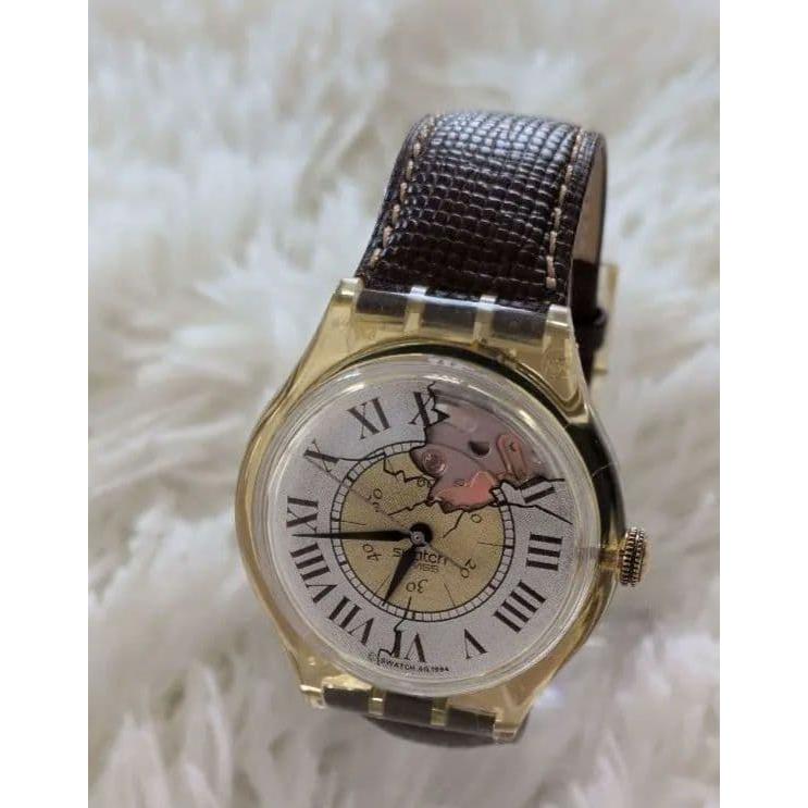 Used Super beautiful Swatch wristwatch, hand-wound watch, mechanical watch, leather strap, light, with stones