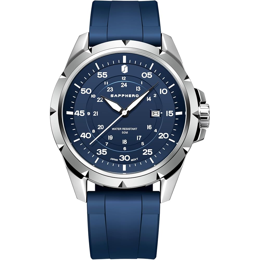 SAPPHERO Men s Analog Watch 50M Waterproof Luminous Silicone Band Date Display Blue Band Blue Dial