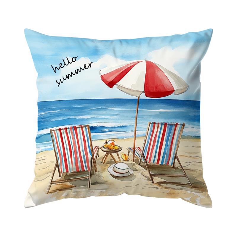 Pillowcase Summer Beach Vacation Watercolor Painting Throw Pillow Covers 45X45Cm For Sofa, Bed, Car, Living Room Home Decor