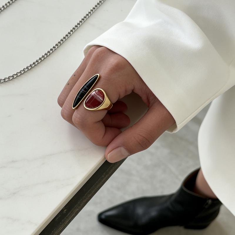 Irregular Gemstone Ring Unique Adjustable Light Luxury Retro Geometric Opening Ring Jewelry Vacation Accessories Gift