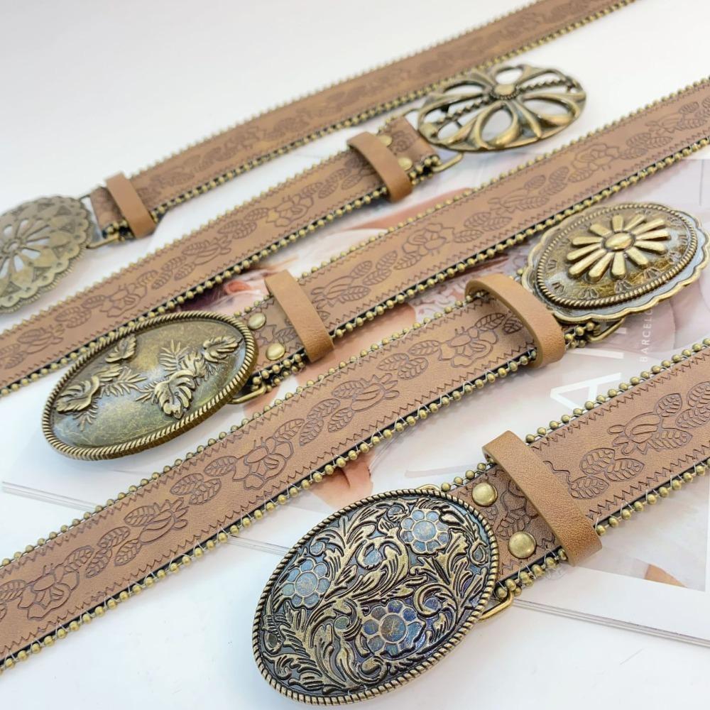 Vintage Cowboy Waistband Jeans Decor Flower PU Hollow Belt Cowgirl Buckle Belt Waist Accessories