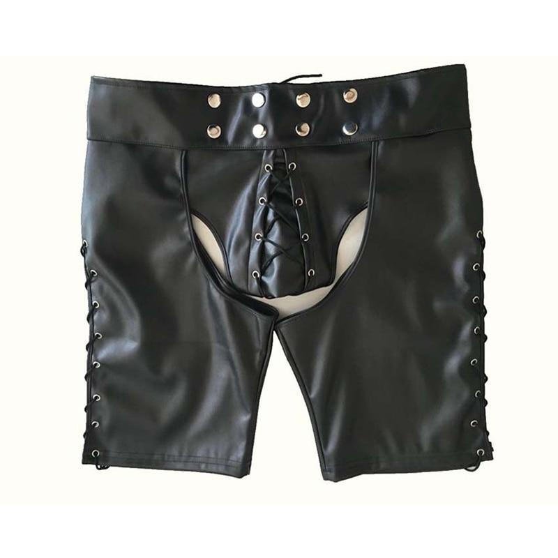 Pánské Erotic Open Patent Leather Legíny Šortky Leather Fetish Spodní prádlo Bondage Kalhoty BDSM Tanga Slave