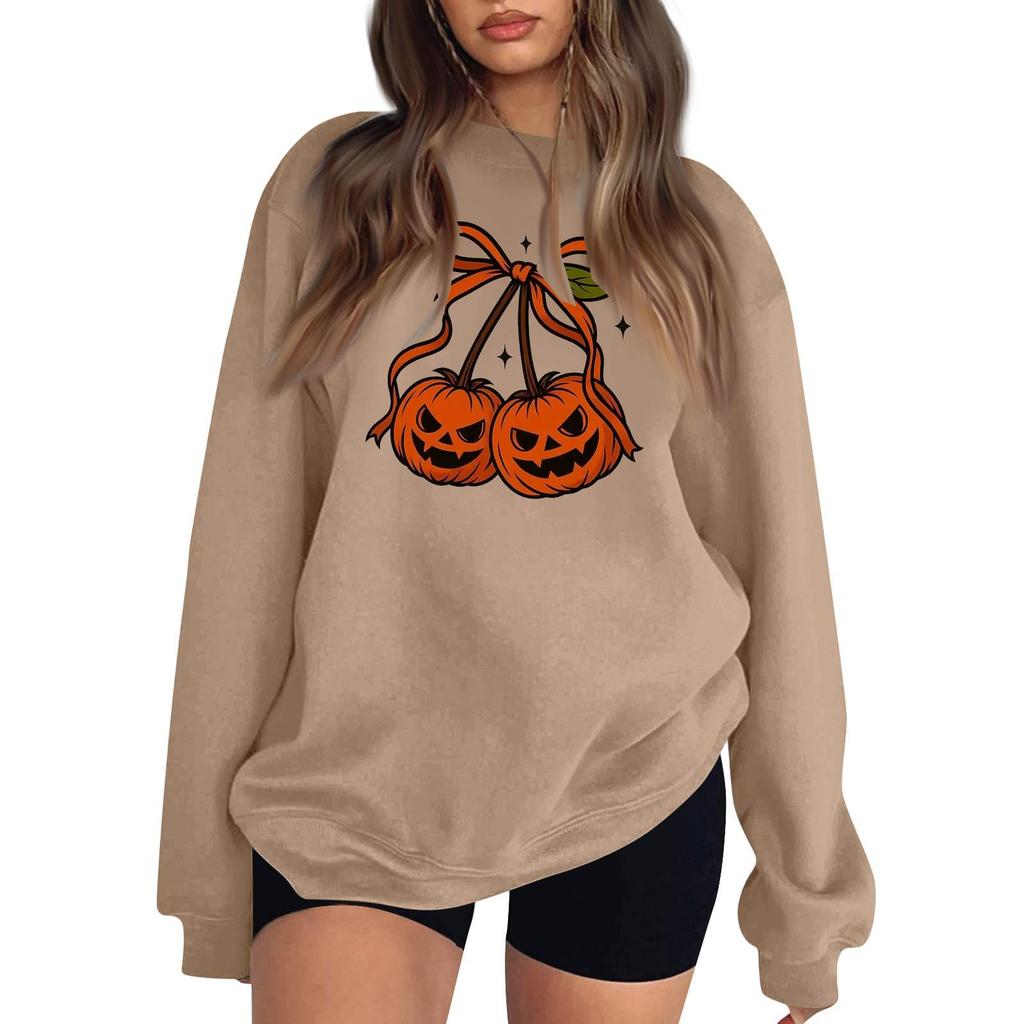 Women's Comfortable Round Neck Long Sleeve Sweatshirt Loose Fit Casual with Color and Halloween Print