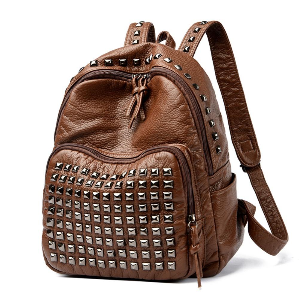 

Super Cool Luxury Design Rivets Backpacks Large Capacity Soft Leather PU Backpacks Wear Resistant Punk Backpacks Unisex коричневий