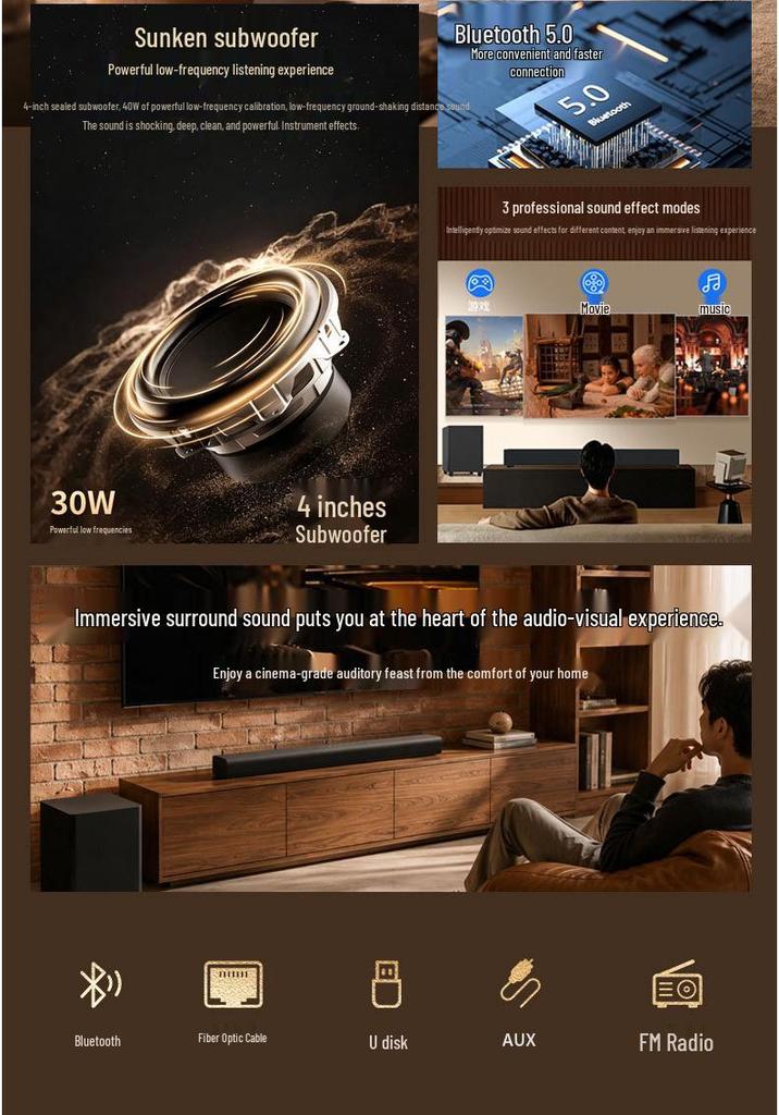 Temu 2.1 Soundbar with Subwoofer: Bluetooth Home Theater Speaker for TV & Computer