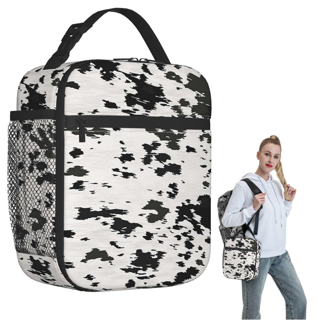 Sac à lunch isotherme en cuir de vache noir et blanc pour femmes et enfants, boîtes alimentaires portables, boîte à lunch thermique, sac fourre-tout