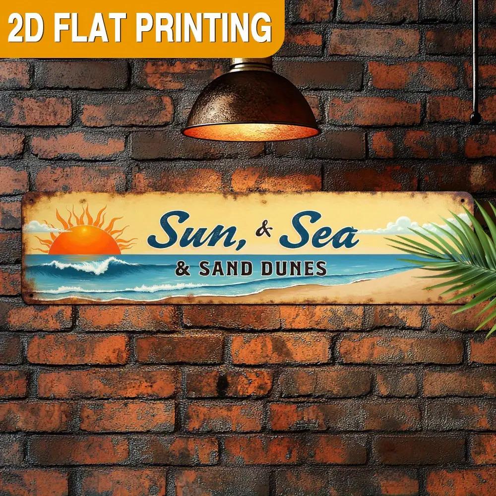 2D Flat - 2D Plane - 2D Plane - A Vintage Metal Sign Depicting The Sun, Ocean, And Dunes - Perfect for Beach Huts, Coastal Decor, Summer Vacation Deco