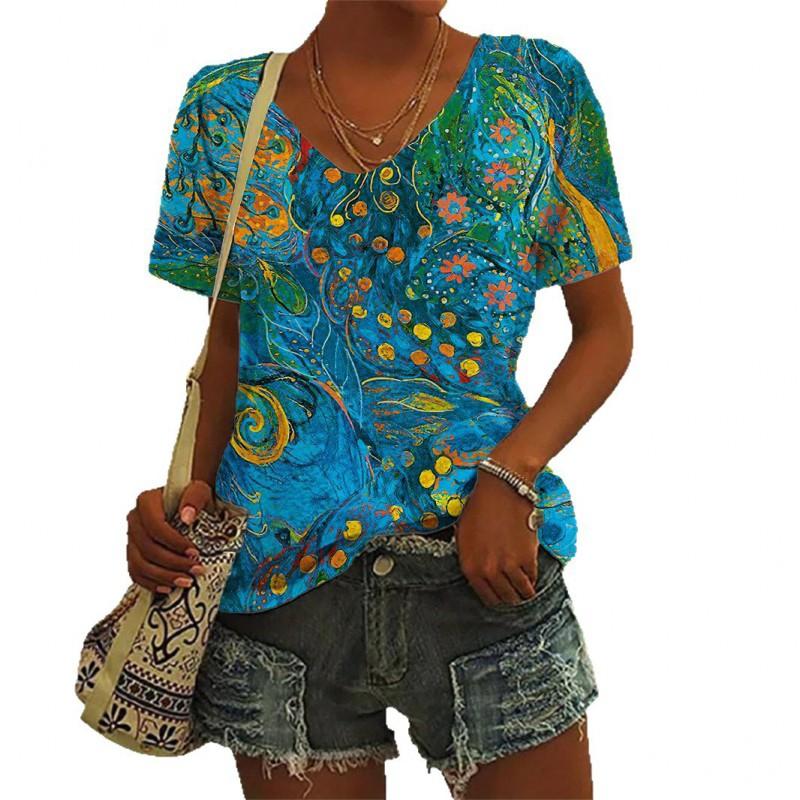 Womens V-Neck Short Sleeve T-Shirt With Leopard Print 3D Effect Colorful Ink Loose Fit Casual Office Wear