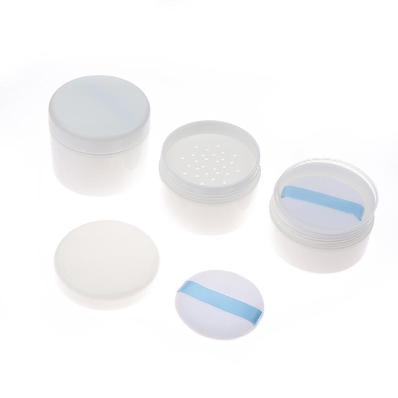 Pojemnik na sypki puder wielokrotnego napełniania 200/250/300g – Z sitkiem w wieczku i gąbeczką, do utrwalania, pudru typu „honey” i pudru do twarzy