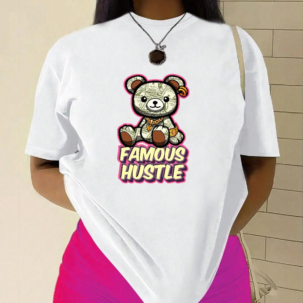 Famous Hustle Cotton T-Shirt Short Sleeve Round Neck Women 2d Print Tops