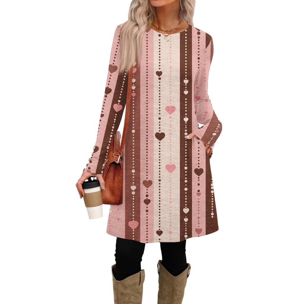 Women's Fashion Casual Pocket Decorative Button Dress Round Neck Long Sleeve Printed Dress