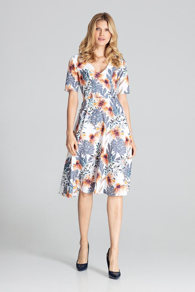 Floral Print Midi Evening Dress with Short Sleeves - M673 Size