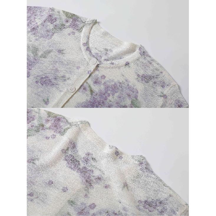 Summer Women's O-Neck Floral Print Knit Cardigan Long Sleeve Lightweight Casual Sweater Jacket Anti-Darkness