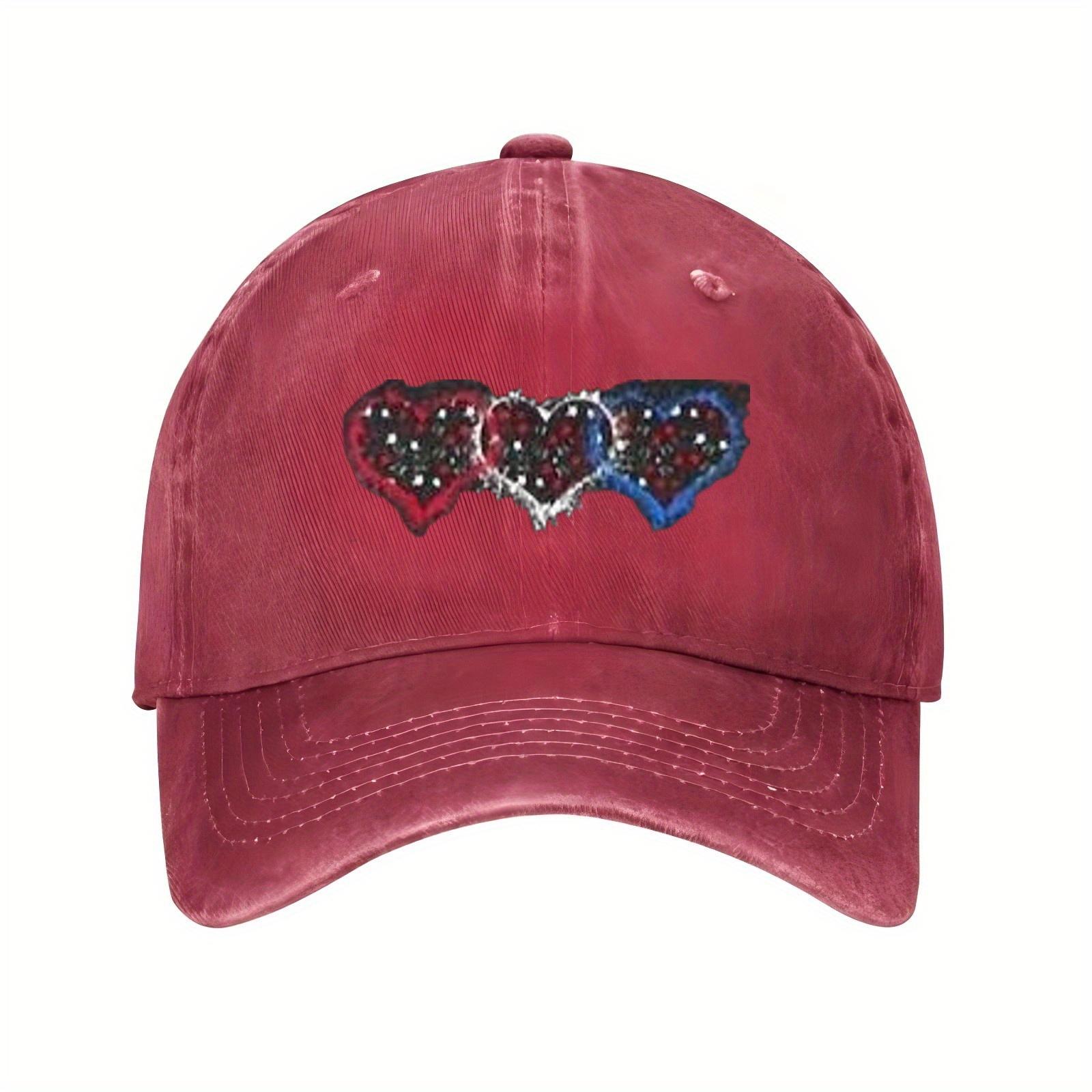 

Red White and Blue Three Hearts Baseball Cap Unisex Distressed Cotton Casual Adjustable Summer Hat One Size