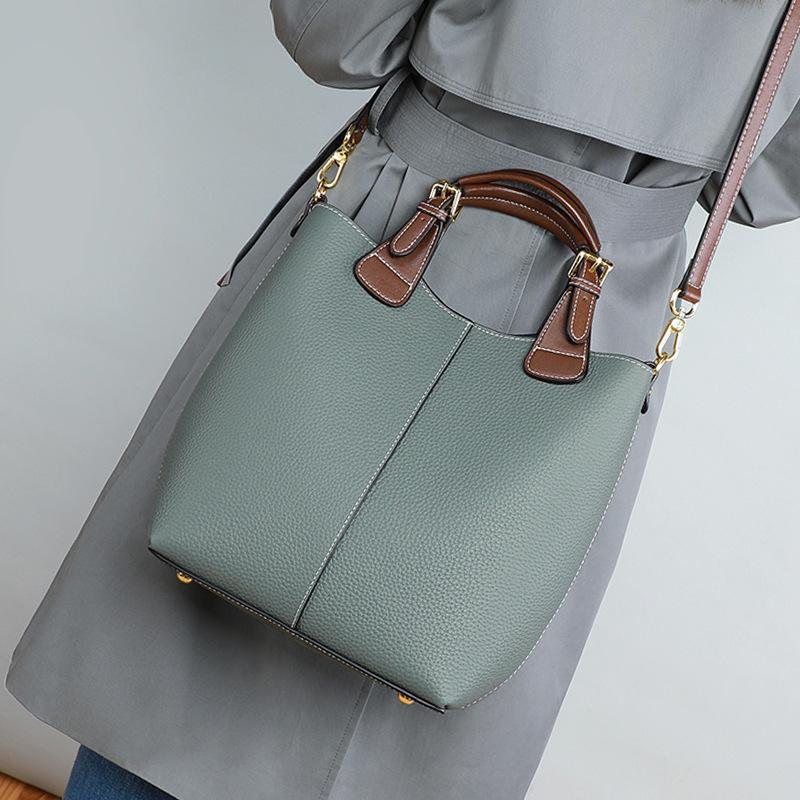 Zency Women's Genuine Leather Bucket Bag Retro Tote Handbag