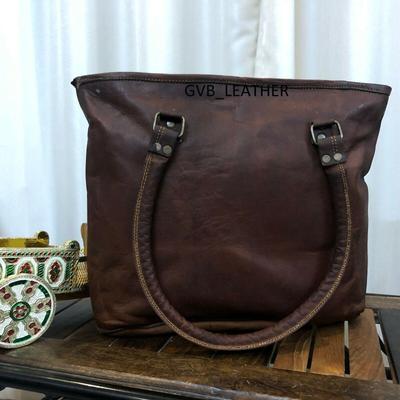 16" Vintage vax för kvinnor i äkta brunt läder Axelväska Handgjord handväska
