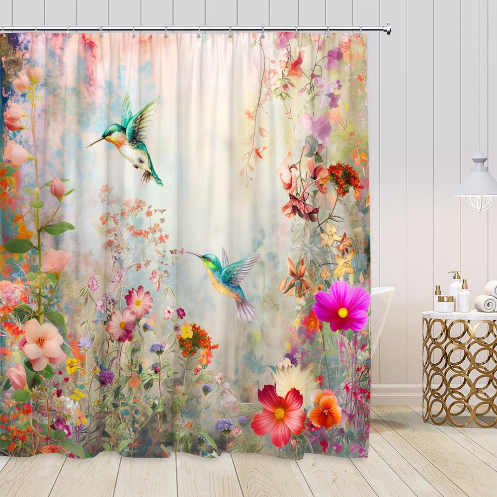 

Колибри Цветочные Шторки для душа Птицы Цветущие цветы Красочные Цветы Зелень Растения Современный Весенний Декор для ванной 90x180cm-35x70in