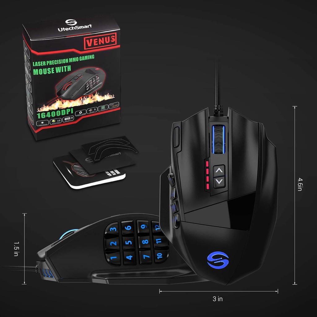 UtechSmart Wired Gaming Mouse with Side Buttons, Adjustable DPI up to 16400, High-Precision Laser, for MMO and PC