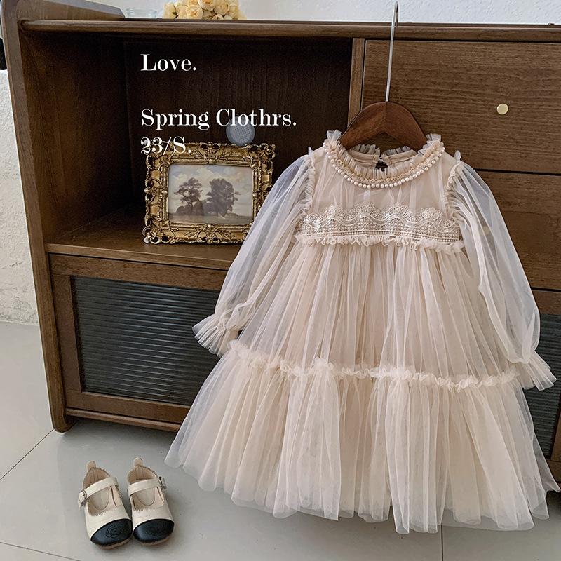 

Girls Spring/Autumn Dress: Elegant Lace-Patchwork Tulle Princess Dress 90