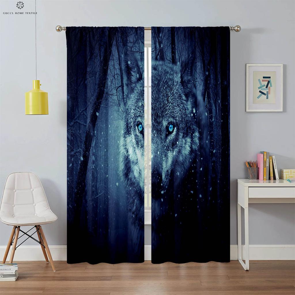 3D Printed Polyester Fiber Curtain, Rod Pocket, Bedroom, Living Room, Study, Decorative, Dream Star, Wolf, 2 Pcs
