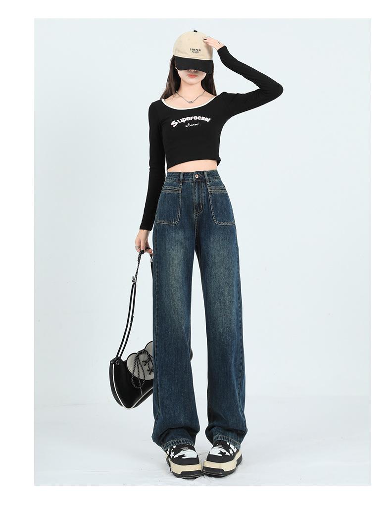 American Style High-Waist Loose Velvet Denim Pants for Women - Thickened, Floor-Length, Pear-Shaped, Fashionable Wide-Leg Design