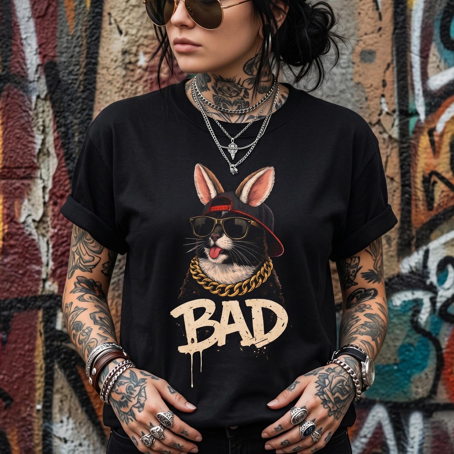 Funny Black Cat Graphic Tee, Streetwear Style, Bunny Ears BAD Cat Shirt S
