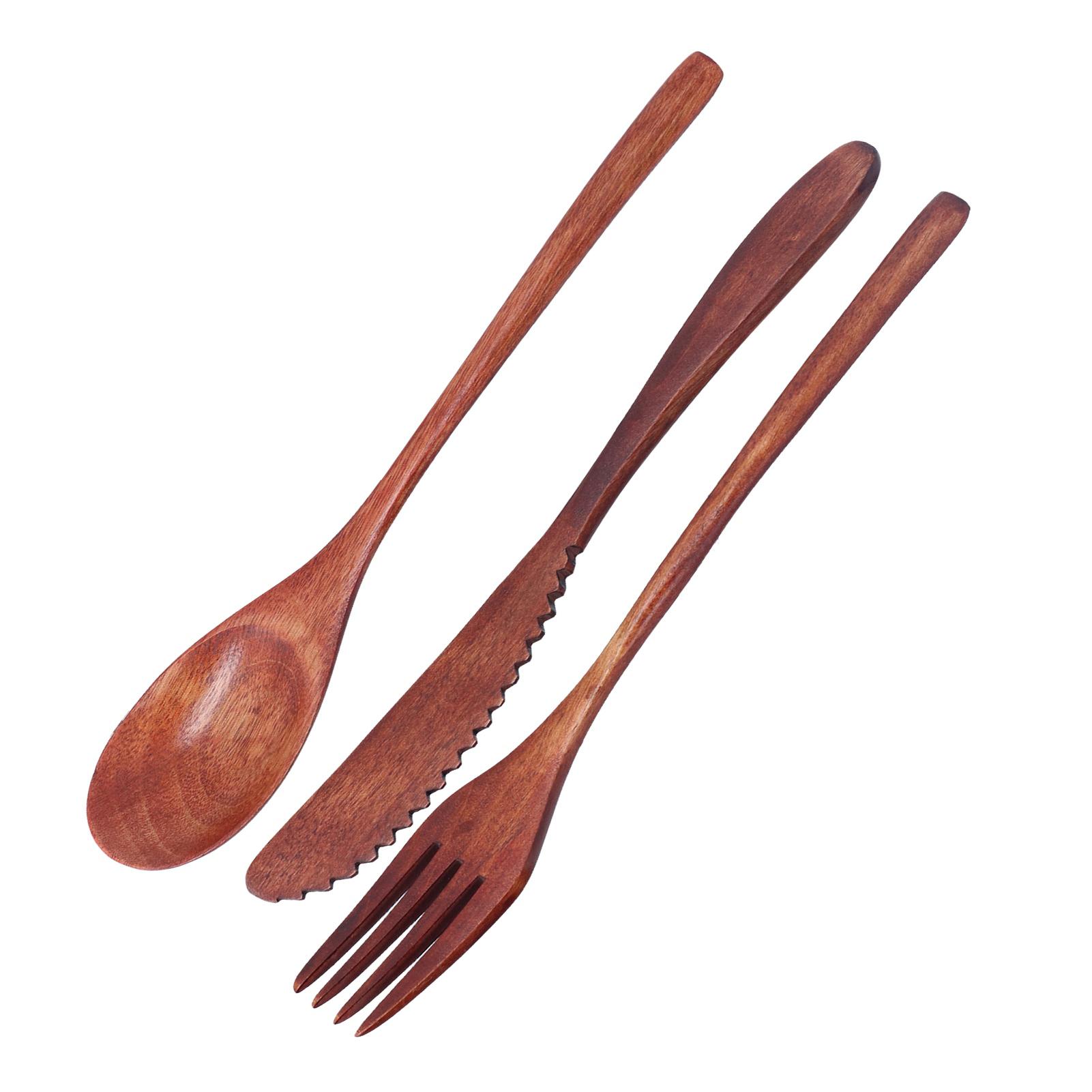 

3Pcs Set Knife Fork and Spoon Wooden Portable Cutlery Dessert Tableware for Home Hotel