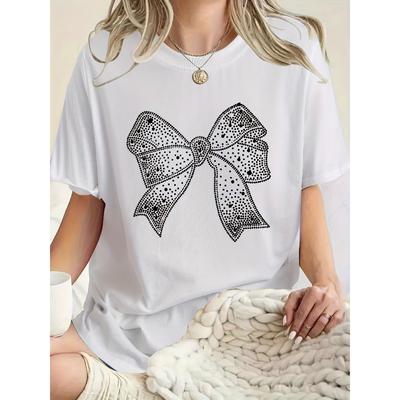 Europäische Größe Europäische Größe Damen Freizeit-T-Shirt mit kurzem Ärmel und Schleifen-Print - Weicher Rundhalsausschnitt, Leicht & Atmungsaktiv