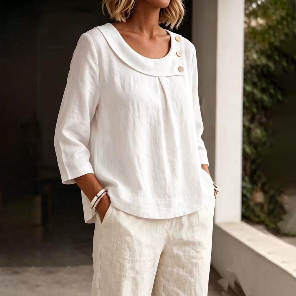 Women's Casual Linen Top with Round Neck and Three-Quarter Sleeves for Work and Daily Wear