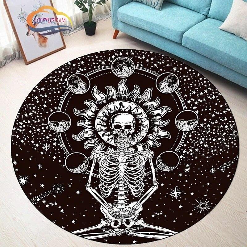 Pentagram Carpet Moon Satanic Round Rug Skull &  , Wicca  White  On Black  Goth Home Decor Chair Mats
