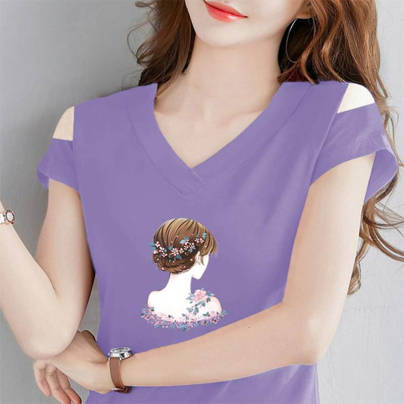 T-shirt Estiva Sottile Monospalla Nera a Maniche Corte da Donna con Spalle Scoperte Scollo a V a Riga Versione Coreana Maglia Base Modellante