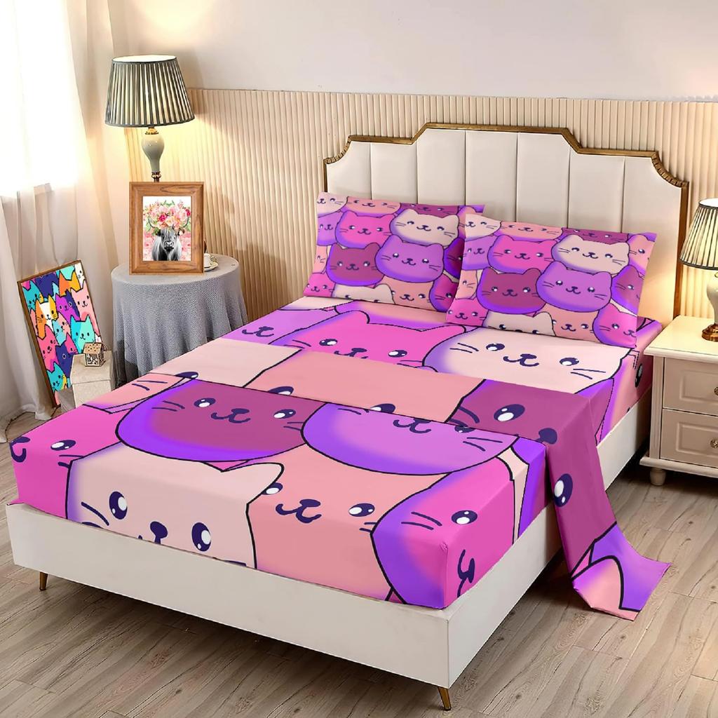 Cute Cartoon Cat Pattern Bed Hat Four-Piece Bedding Set Bedroom Dormitory Bedding Decoration