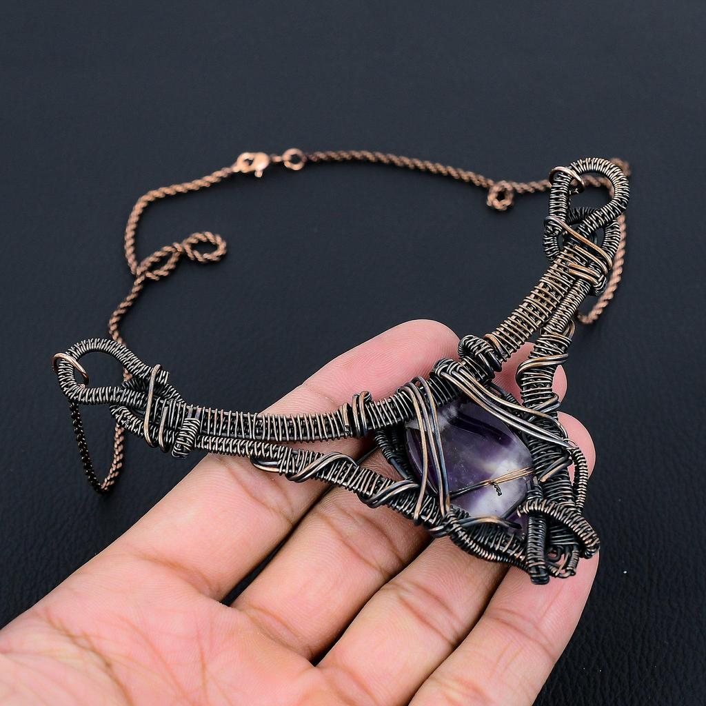 Sage Amethyst Gemstone Pure Copper Wire Wrapped Handmade Necklace Jewelry