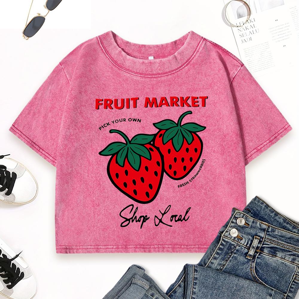 Fruit Market Strawberry Printed Washed T Shirts Women Cotton Slim T-Shirt Summer Crop Clothes Crewneck Streetwear