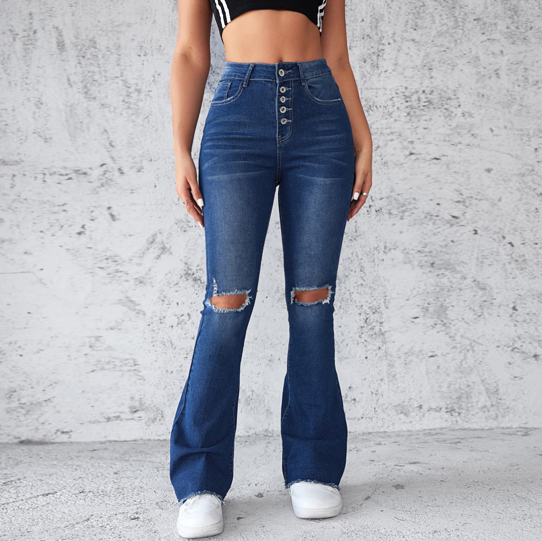 

High-Waist Stretch Ripped Denim Pants for Women – Spring/Summer Collection XL синий
