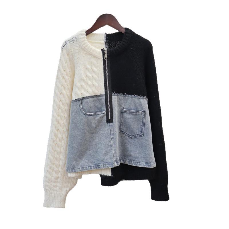Autumn and Winter New Loose Casual Design Sweater Jacket Women's Semi-zipper Splicing Denim Knitted Sweater