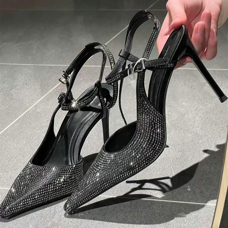 Fashion French Toe Rhinestone High Heels 2025 Spring/Summer New Style Elegant Lady Sandals For Women With Thin Heels And Pointed Tips