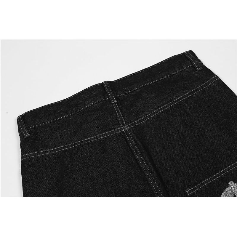 American Street Retro Letter Printing Washed Black Jeans Hip-hop Loose Straight Wide-leg Trousers Ins