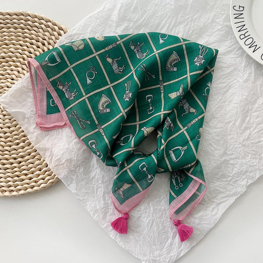 Spring and summer new horse versatile strap spike small square scarf women's Korean version fashion cotton and linen headscarf multi-functional hair t