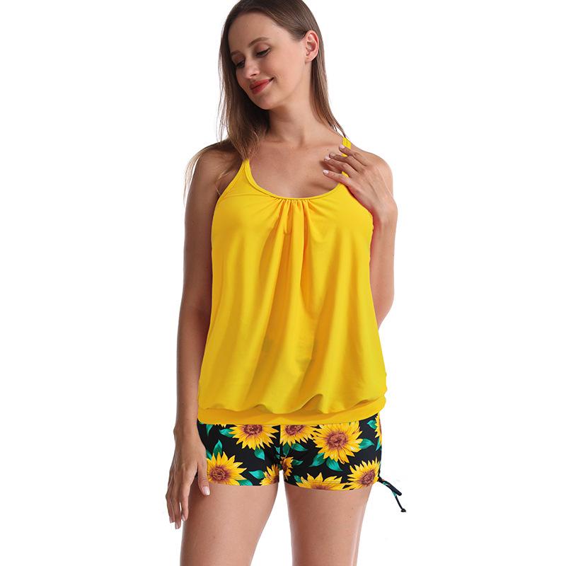 Conservative Print Plus Size Boyleg Tankini, Two-Piece Tummy Control Slimming Swimwear.